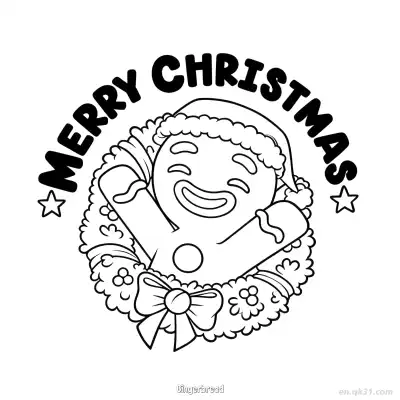 Free printable Gingerbread Man in Christmas Wreath with Merry Christmas Sign coloring page