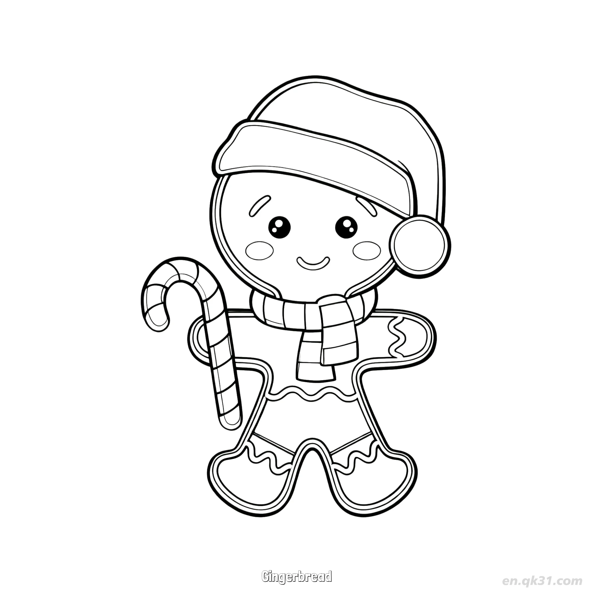 Gingerbread Man with Scarf and Candy Cane Coloring Page – Free Printable Coloring Page for Kids and Adults