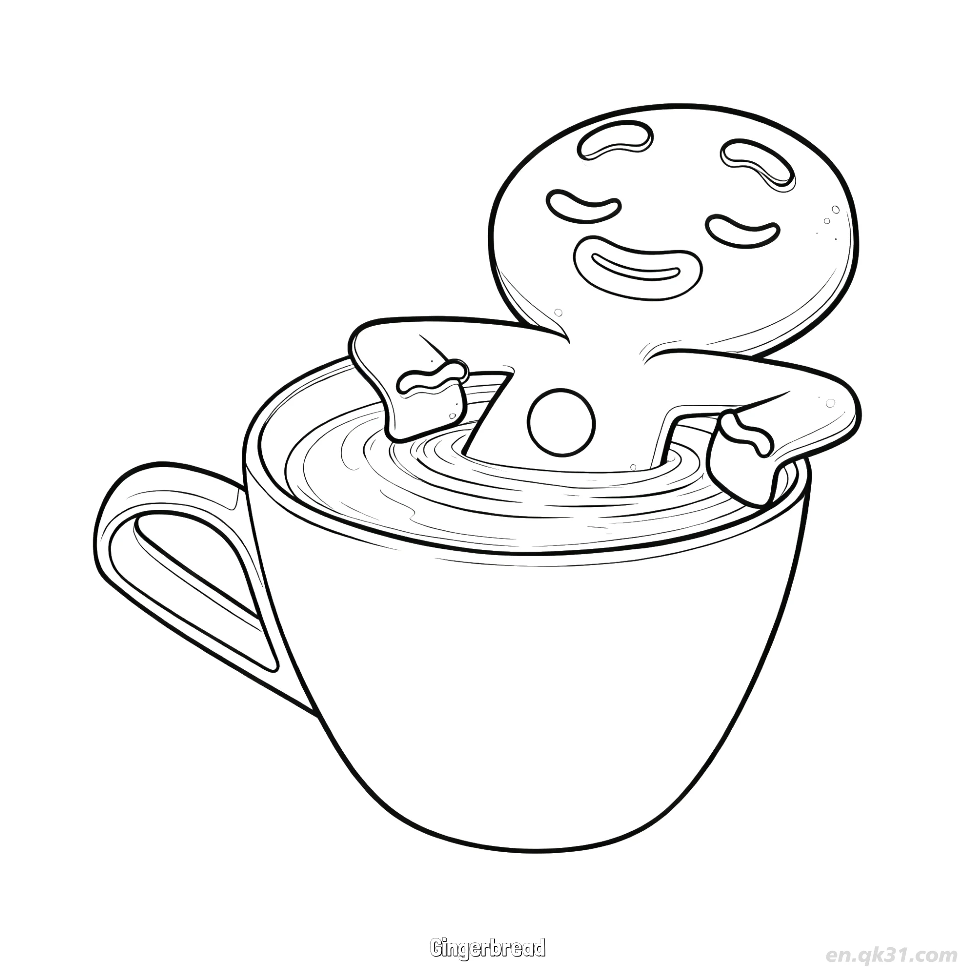 Relaxing Gingerbread Man in Hot Drink Cup Coloring Page – Free Printable Coloring Page for Kids and Adults