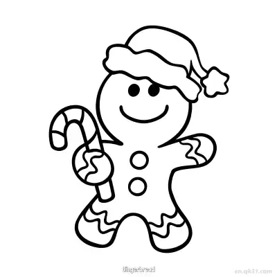 Free printable Santa Hat Gingerbread Man with Candy Cane coloring page