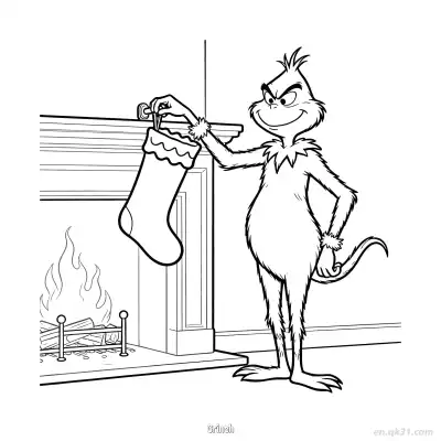 Free printable Grinch by Fireplace with Stocking Coloring Page coloring page