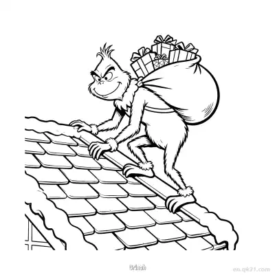 Free printable Grinch Sneaking on Rooftop Christmas Coloring Page coloring page