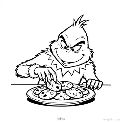 Free printable Grinch Stealing Cookies Holiday Coloring Page coloring page