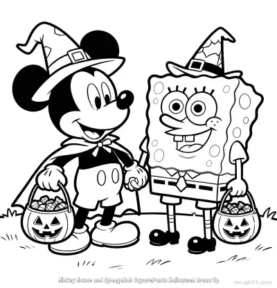 Free printable Halloween Dress Up Mickey Mouse and SpongeBob Coloring Page coloring page