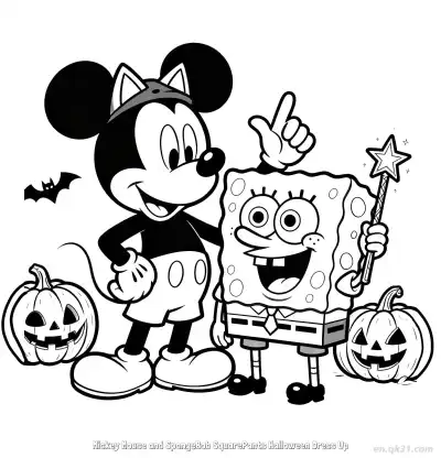 Free printable Mickey Mouse and SpongeBob with Halloween Magic Wand Coloring Page coloring page