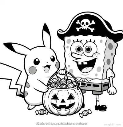 Free printable Pikachu and SpongeBob in Halloween Costumes Coloring Page coloring page