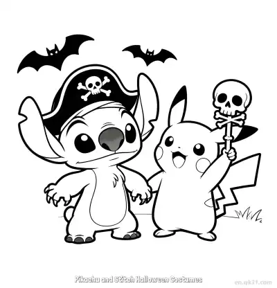 Free printable Pikachu and Stitch Halloween Costumes 2 Coloring Page - Free Printable Halloween PDFS Coloring Sheets coloring page