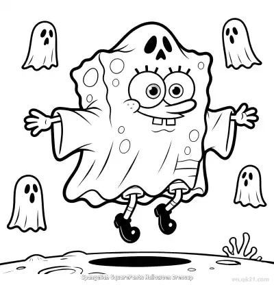 Free printable SpongeBob in Ghost Costume Halloween Coloring Page coloring page