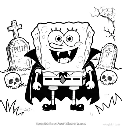 Free printable SpongeBob in Vampire Costume Halloween Coloring Page coloring page