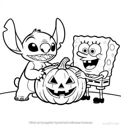 Free printable Stitch and SpongeBob Carving a Jack-o'-lantern Halloween Coloring Page coloring page