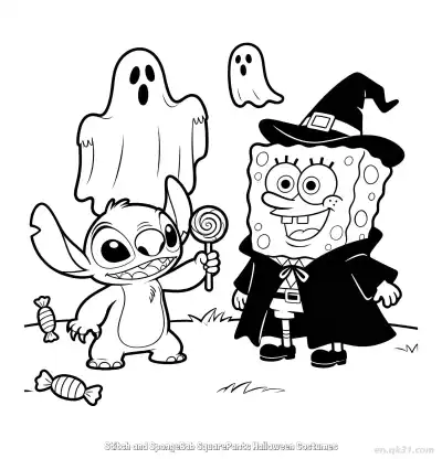 Free printable Stitch and SpongeBob Trick-or-Treating Halloween Coloring Page coloring page