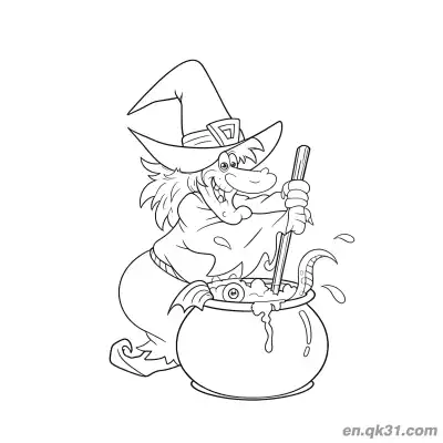 Free printable Cartoon Witch Stirring Cauldron Coloring Page coloring page