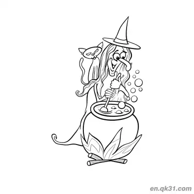 Free printable Cartoon Witch Stirring Magic Potion Coloring Page coloring page