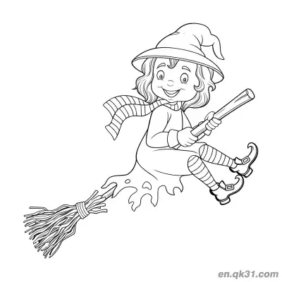 Free printable Cute Little Witch Riding a Broom Coloring Page coloring page