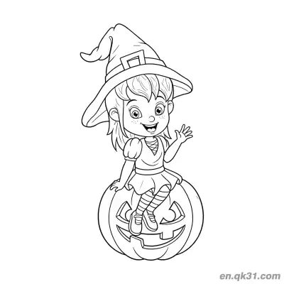 Free printable Cute Little Witch Sitting on Pumpkin Coloring Page coloring page