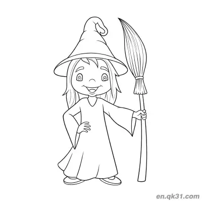 Free printable Cute Little Witch with Broom Coloring Page coloring page