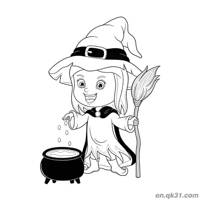 Free printable Cute Little Witch with Cauldron Coloring Page coloring page