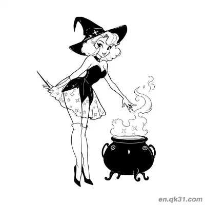 Free printable Elegant Magic Witch with Cauldron Coloring Page coloring page