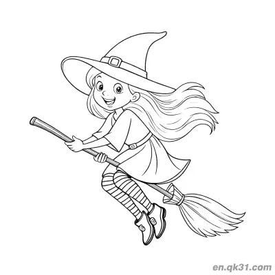 Free printable Happy Flying Little Witch Coloring Page coloring page