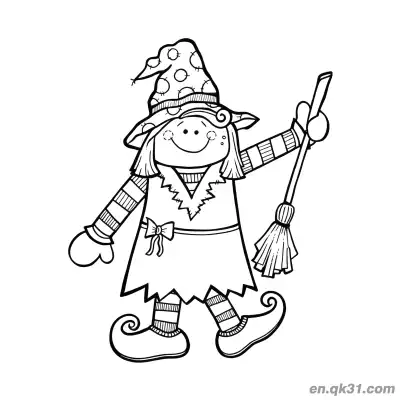Free printable Happy Witch Holding Broom Coloring Page coloring page