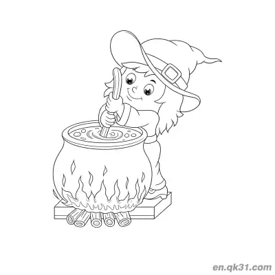 Free printable Little Witch Stirring Fire Cauldron Coloring Page coloring page