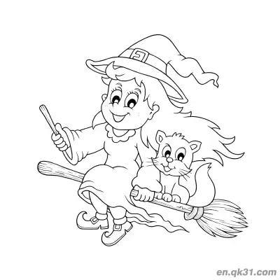 Free printable Witch Flying on Broom with Cat Coloring Page coloring page