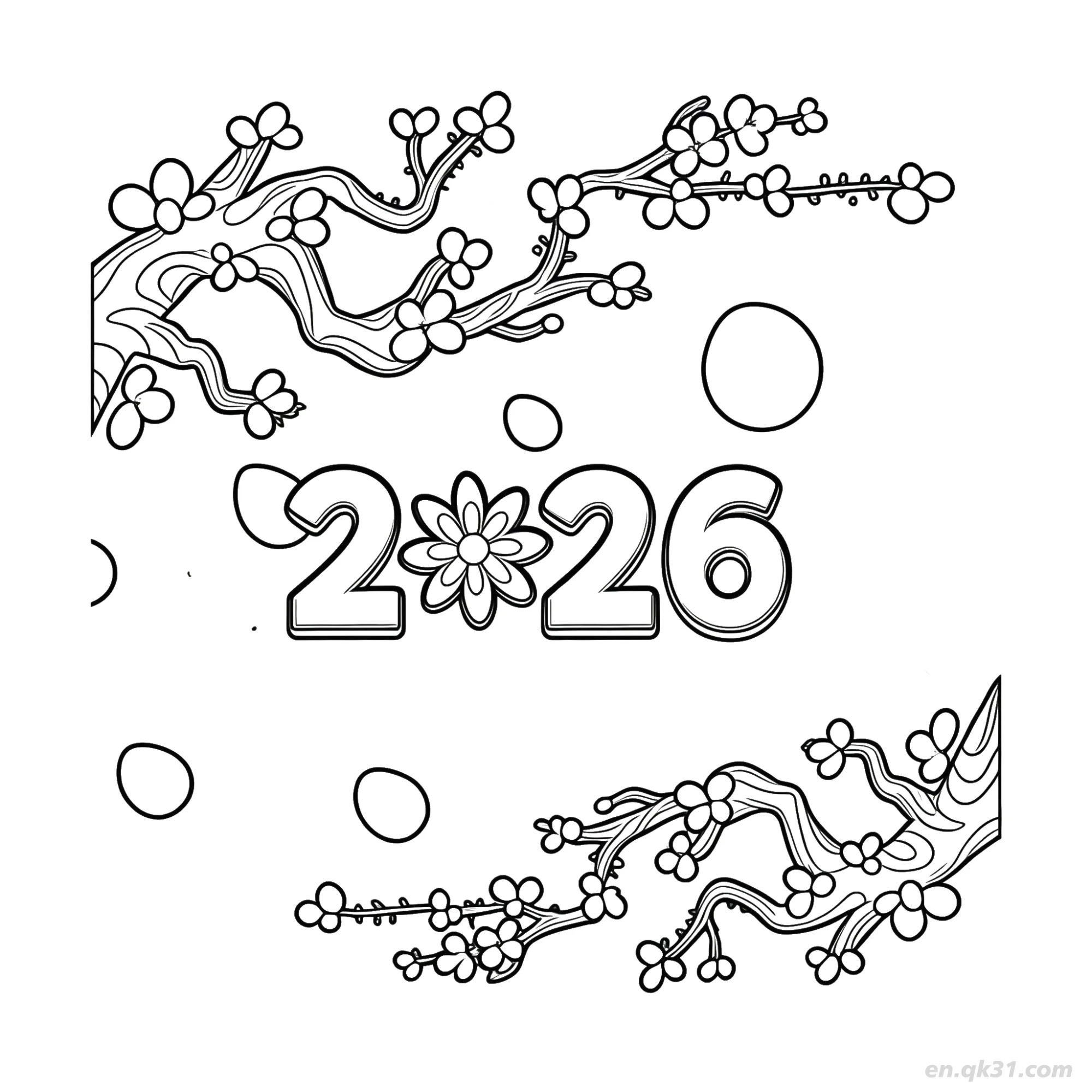 Cherry Blossom Frame Top Bottom New Year 2026 Coloring – Free Printable Coloring Page for Kids and Adults