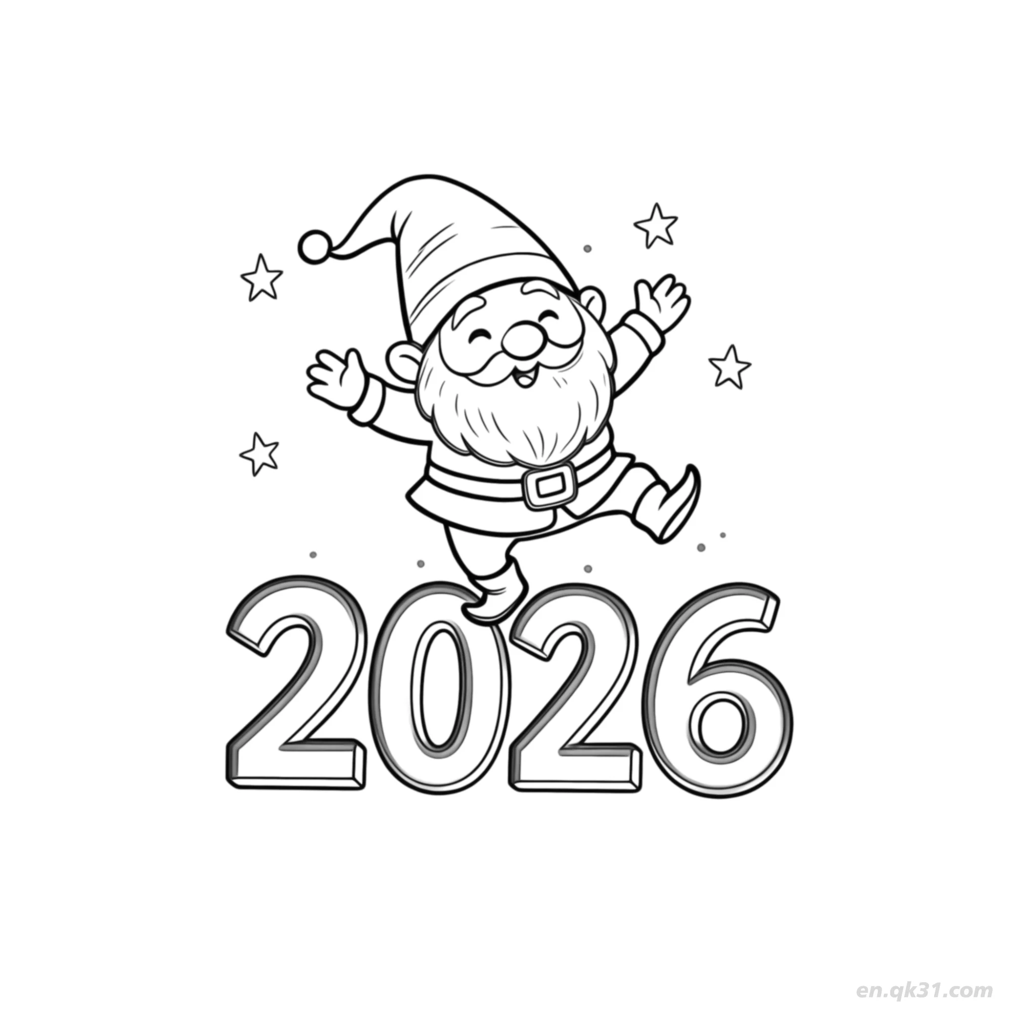 Gnome Standing on Numbers 2026 New Year Coloring – Free Printable Coloring Page for Kids and Adults