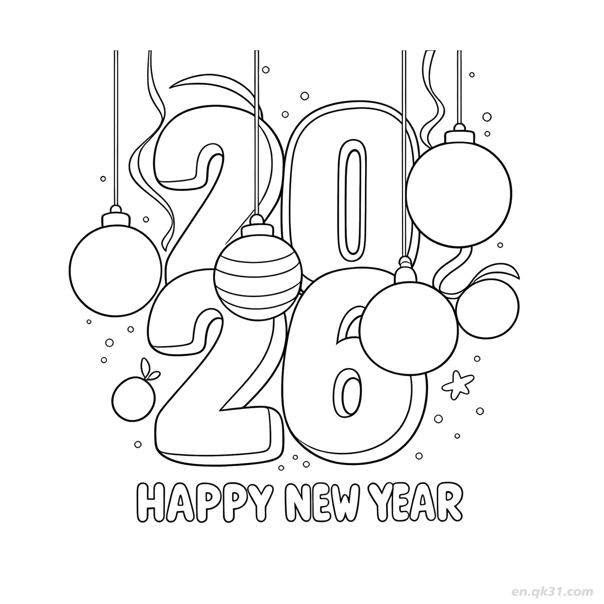 Hanging Ornaments Happy New Year 2026 Coloring – Free Printable Coloring Page for Kids and Adults