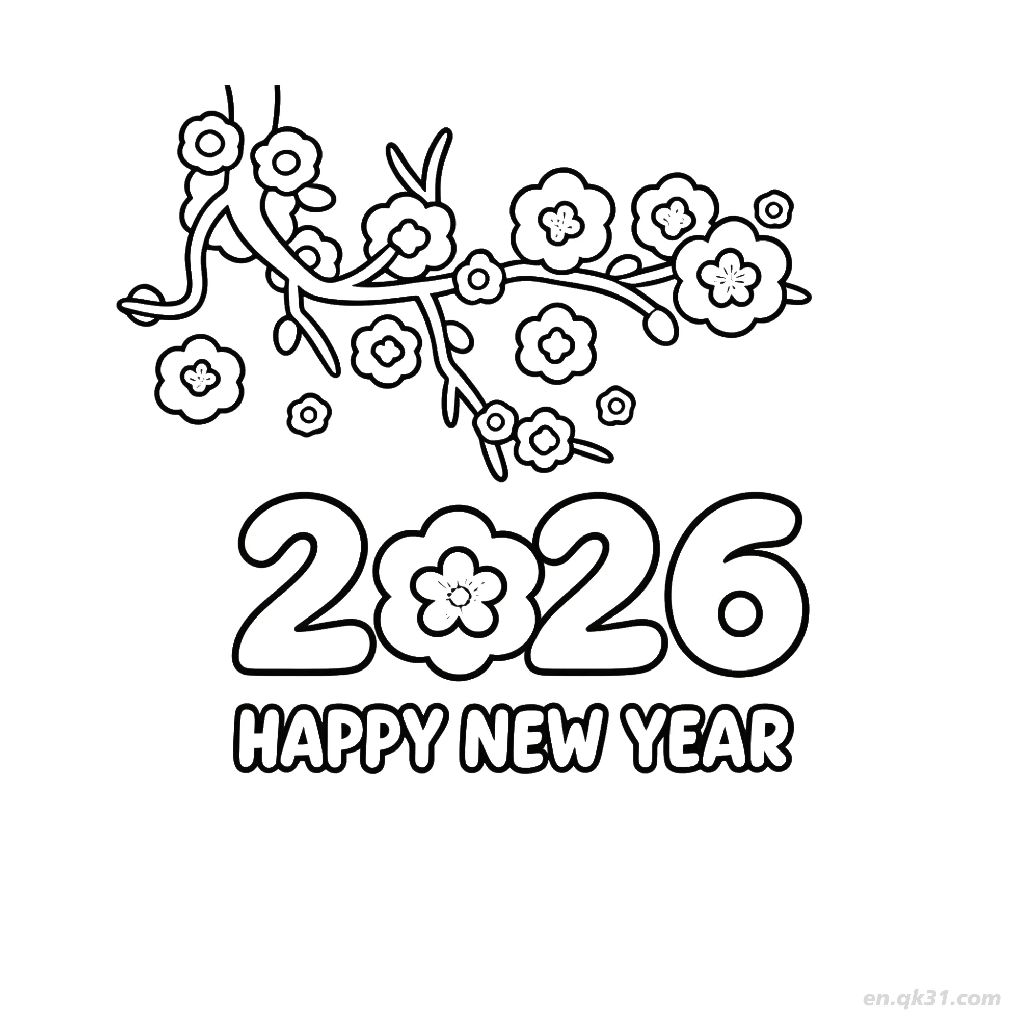 Plum Blossom Happy New Year 2026 Coloring – Free Printable Coloring Page for Kids and Adults