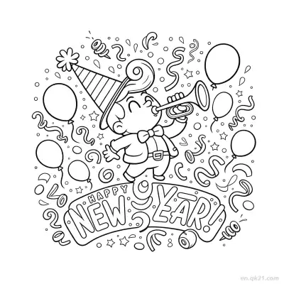 Free printable Trumpet Kid Party New Year 2026 Coloring coloring page