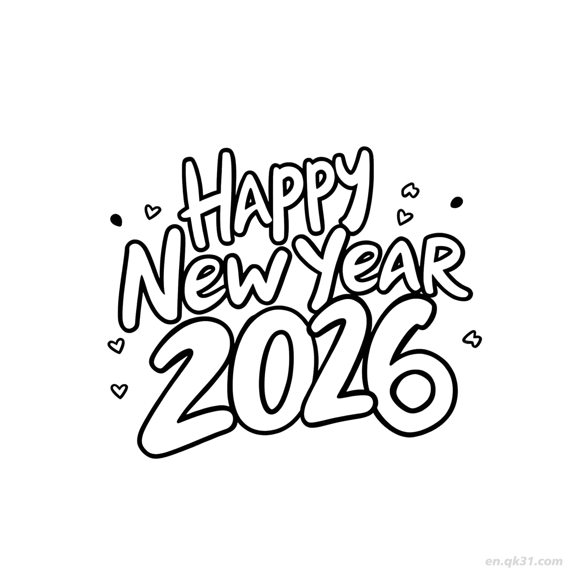 Hearts Typography Happy New Year 2026 Coloring – Free Printable Coloring Page for Kids and Adults