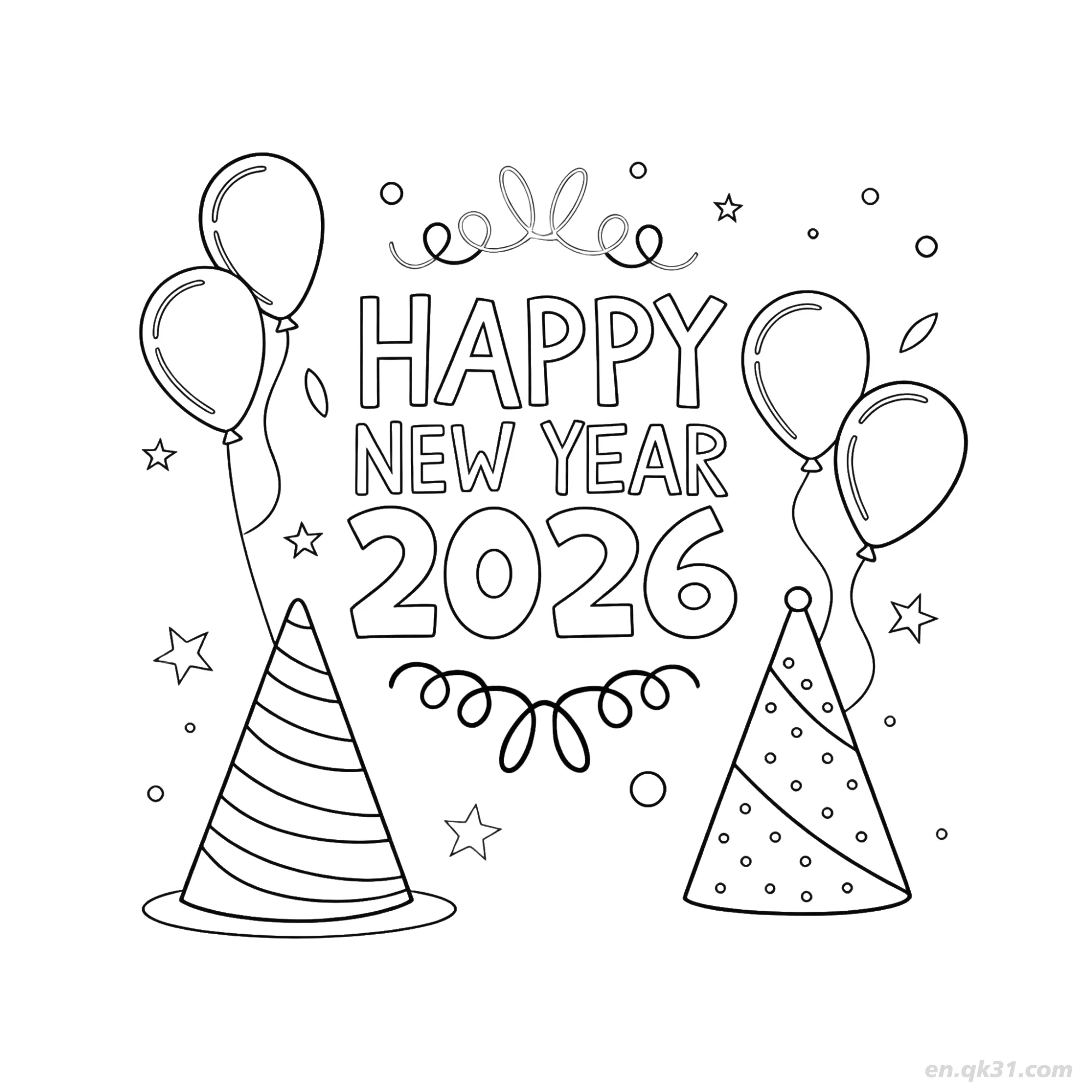 Party Hat Design 2 Happy New Year 2026 Coloring – Free Printable Coloring Page for Kids and Adults