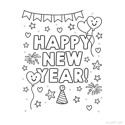 Free printable Bunting and Heart Balloons Happy New Year Coloring coloring page