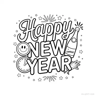 Free printable Champagne and Clock Happy New Year Coloring coloring page