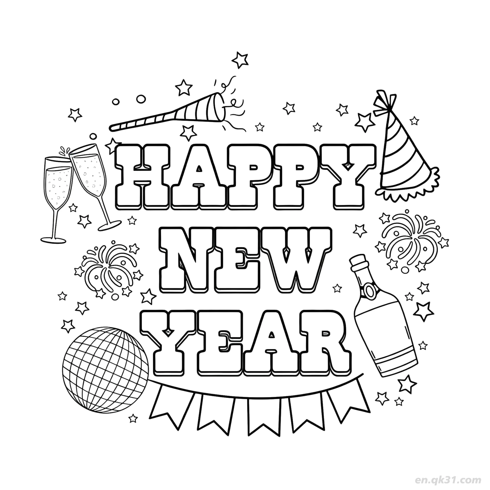 Party Celebration Doodle Happy New Year Coloring – Free Printable Coloring Page for Kids and Adults