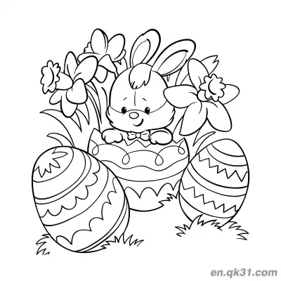 Free printable Bow Bunny Hatching from Egg in Flowers Coloring Page coloring page