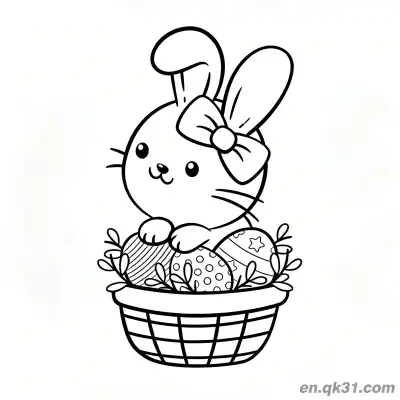 Free printable Bow Bunny Sitting in Easter Egg Basket with Leaves Coloring Page coloring page