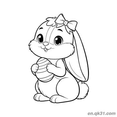 Free printable Bow Bunny with Long Ears Holding Striped Easter Egg Coloring Page coloring page