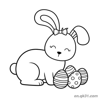 Free printable Bow Curly Ear Bunny with Variety Easter Eggs Coloring Page coloring page