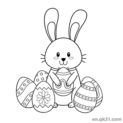 Free printable Bow Tie Bunny Surrounded by Multi-Pattern Easter Eggs Coloring Page coloring page