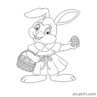 Free printable Bunny in Dress Carrying Egg Basket and Holding Patterned Easter Egg Coloring Page coloring page