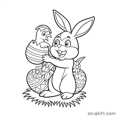 Free printable Bunny with Hatching Chick and Easter Eggs in Flowers Coloring Page coloring page
