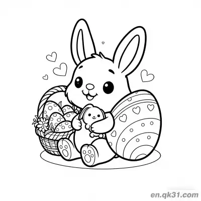 Free printable Cute Bunny with Hearts Holding Mini Bunny and Egg Basket Coloring Page coloring page