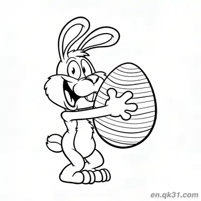 Free printable Laughing Cartoon Bunny Holding Diagonal Striped Easter Egg Coloring Page coloring page