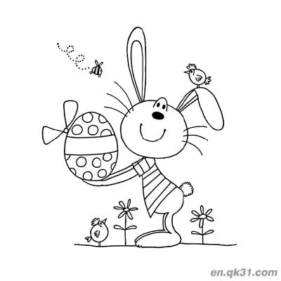 Free printable Line Art Bunny Holding Polka Dot Easter Egg with Chicks and Bee Coloring Page coloring page
