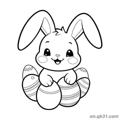 Free printable Smiling Bunny Holding Multiple Striped Easter Eggs Coloring Page coloring page