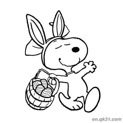 Free printable Snoopy Dressed as Easter Bunny Dancing with Egg Basket Coloring Page coloring page