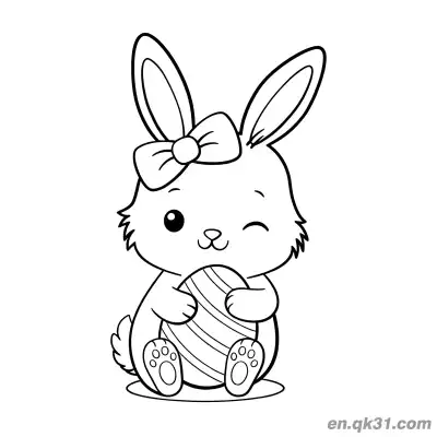 Free printable Winking Bow Bunny Holding Striped Easter Egg Coloring Page coloring page