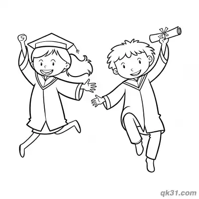 Free printable Graduate Boy and Girl Jumping and Celebrating Coloring Page coloring page